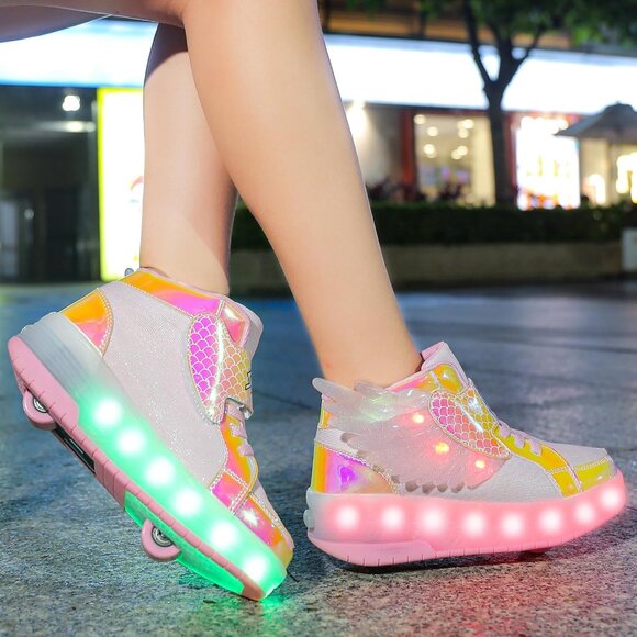 Kid's Girls Pink USB Chargable LED Lighting Roller Wheeled Skate Sneaker Shoes - Picture 5 of 7